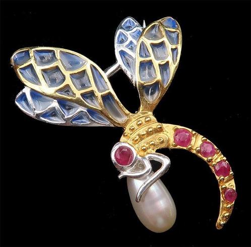 Robijn - Zilver, Elegante broche - Heilige libelle in zilver, Antiek en Kunst, Antiek | Boeken en Manuscripten