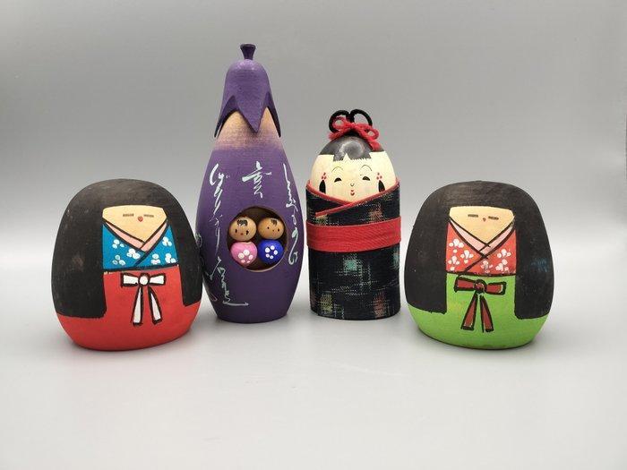 4x Kleurrijke Mini Creatieve Kokeshi Poppen - Hout, Papier -, Antiek en Kunst, Curiosa en Brocante