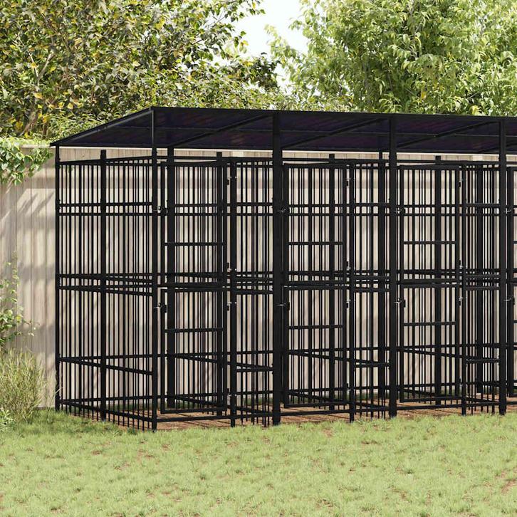 vidaXL Hondenkennel met dak 11,06 m² staal, Dieren en Toebehoren, Hondenbenches, Nieuw, Verzenden