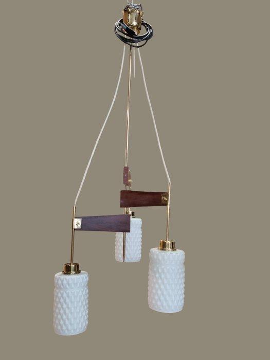 Lustre - verre opalin, teck et laiton, Antiek en Kunst, Antiek | Verlichting