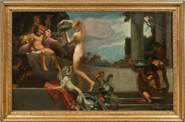 Mattia Traverso (1885-1956) - Large banquet scene with, Antiek en Kunst, Kunst | Schilderijen | Klassiek