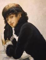 Franse School (XIX) - Groot portret dame in zwart, Antiek en Kunst