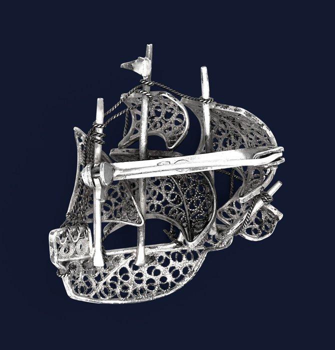 .800 Argento - Broche - Barca a Vela in Filigrana, Antiek en Kunst, Antiek | Zilver en Goud