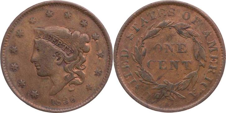1 Cent 1836 Usa Liberty Head / Matron Head koper, Postzegels en Munten, Munten | Amerika, Verzenden