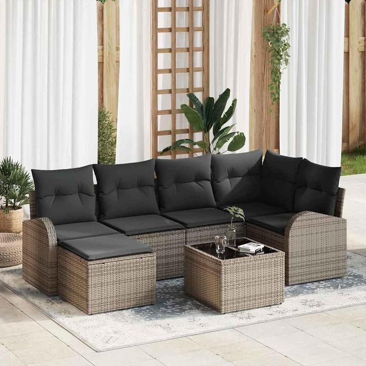 vidaXL Tuinbank Set met kussen 7 pcs Grijs Poly rattan, Tuin en Terras, Tuinsets en Loungesets, Nieuw, Verzenden
