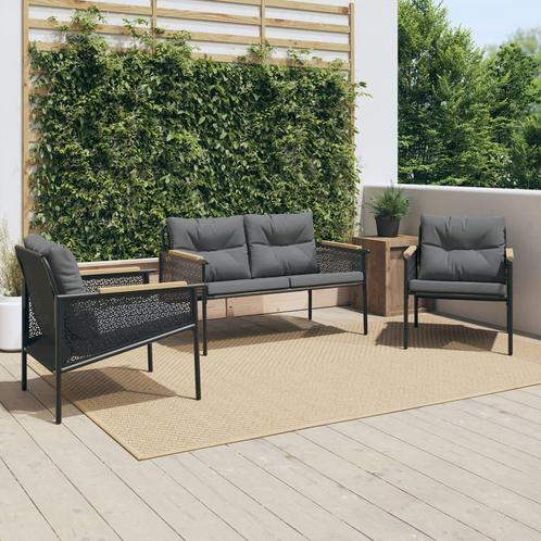vidaXL 3-delige Balkonset met kussens staal zwart, Tuin en Terras, Tuinsets en Loungesets, Nieuw, Verzenden