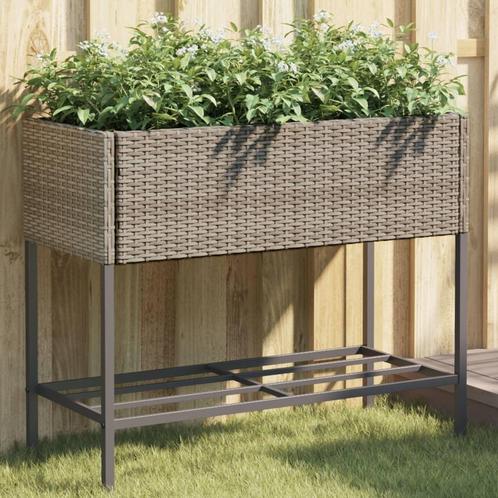 vidaXL Plantenbak met schap poly rattan grijs, Tuin en Terras, Bloempotten, Nieuw, Verzenden