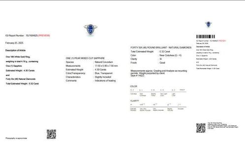 Ring - 18 karaat Witgoud - 4.62ct. tw. Saffier - Diamant -, Handtassen en Accessoires, Ringen