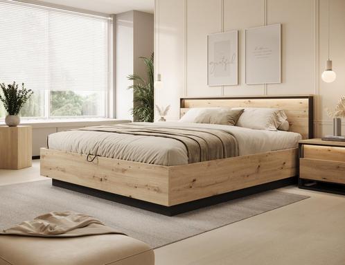 Tweepersoonsbed - Eiken - Met gasliftsysteem - 180x200 cm, Huis en Inrichting, Slaapkamer | Bedden, Nieuw, Verzenden