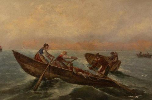 Italian school (XIX-XX), signed F. Boscari - Fishermen in, Antiek en Kunst, Kunst | Schilderijen | Klassiek