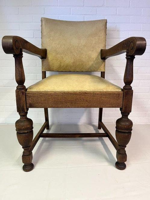 Fauteuil - Bois, Cuir - Chaise, Vintage, Rare., Antiek en Kunst, Curiosa en Brocante