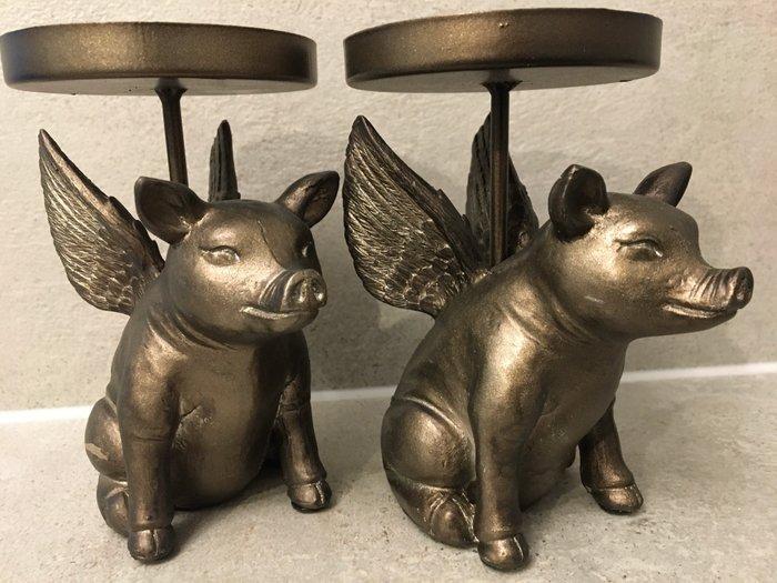 Kandelaar (2) - Hars, IJzer - LUXE VARKENS MET VLEUGELS, Antiek en Kunst, Kunst | Designobjecten