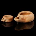 Oud-Grieks Terracotta Set van 2 kleine olielampjes