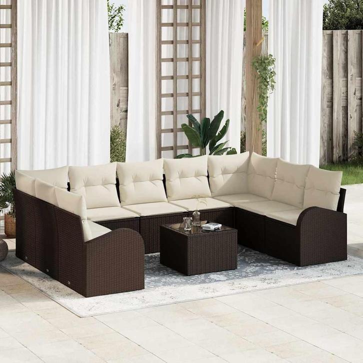vidaXL Bankstel met kussen 10 pcs Bruin Poly Riet, Tuin en Terras, Tuinsets en Loungesets, Nieuw, Verzenden