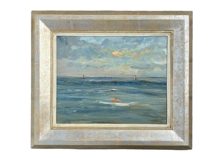 Cor Schaap (1968) - Zeegezicht met boten en ondergaande zon, Antiquités & Art, Art | Peinture | Classique