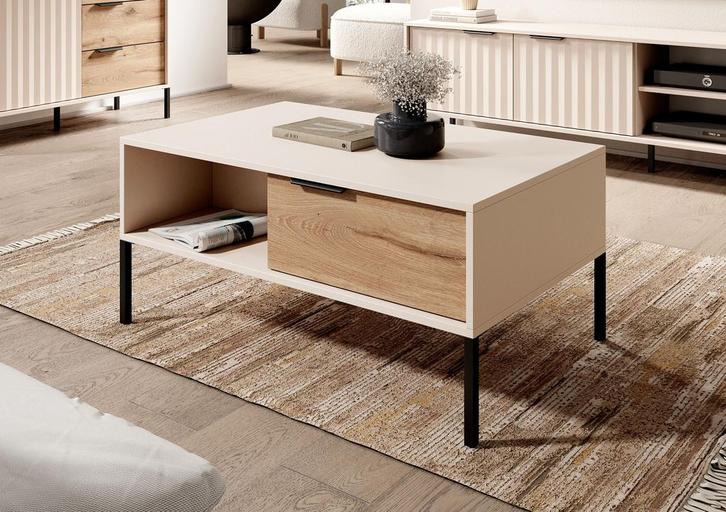Salontafel beige 96x68x44 Zwarte handgrepen, Huis en Inrichting, Tafels | Salontafels, Nieuw, 50 tot 100 cm, Minder dan 50 cm