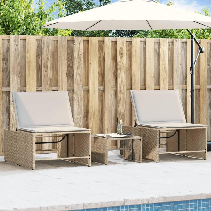 vidaXL Ligstoelen 2 st met tafel beige poly rattan, Tuin en Terras, Ligbedden, Nieuw, Verzenden