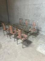 Tafel (7) - Chroom, Glas, Katoen - Tafel met 6 stoelen