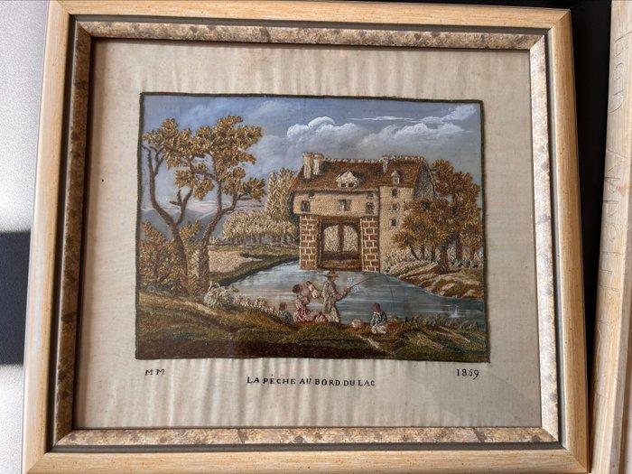 Broderie - 36 cm - 30.5 cm - XIXe 1859 pêche, Antiquités & Art, Curiosités & Brocante