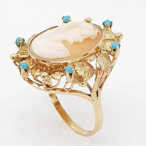 Bague - 18 carats Or jaune - 0.08ct. tw. Turquoise, Handtassen en Accessoires, Ringen
