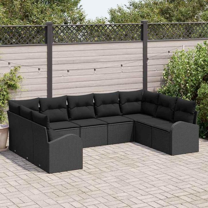 vidaXL Bankstel met kussen Zwart Poly Riet, Tuin en Terras, Tuinsets en Loungesets, Nieuw, Verzenden