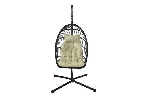Moderne PE Rattan hangstoel - zwart met beige kussens - d..., Huis en Inrichting, Stoelen, Nieuw, Ophalen of Verzenden