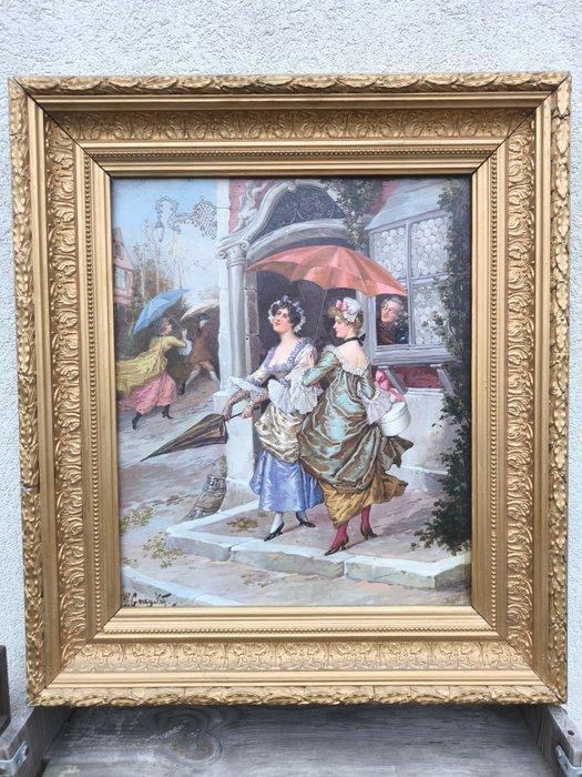 Jeanne Marie Amélie Metz Gougelet (1857-) - Une averse, Antiquités & Art, Art | Peinture | Classique