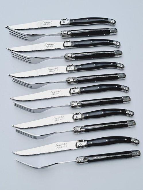 Laguiole - 6x Forks & 6x Knives - Black - Steak style de -, Antiquités & Art, Antiquités | Ustensiles de cuisine