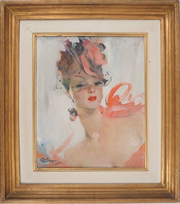 Jean-Gabriel Domergue (1889-1962) - Elégante au bibi et, Antiek en Kunst, Kunst | Schilderijen | Klassiek