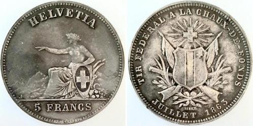 5 Franken Schuetzenthaler 5 Francs Schweiz La Chaux 1863,..., Postzegels en Munten, Munten | Europa | Niet-Euromunten, België