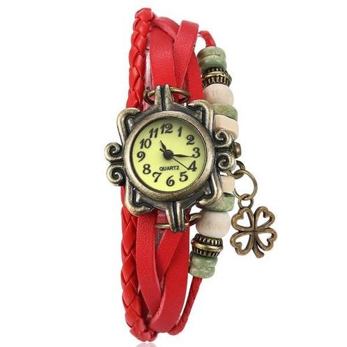 Fako® - Armband Horloge - Klavertje Vier - Rood, Handtassen en Accessoires, Horloges | Dames, Verzenden