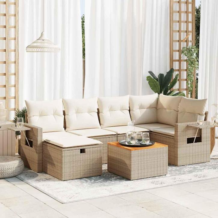 vidaXL 7-delige Loungeset met kussens poly rattan beige, Tuin en Terras, Tuinsets en Loungesets, Loungeset, Nieuw, Verzenden