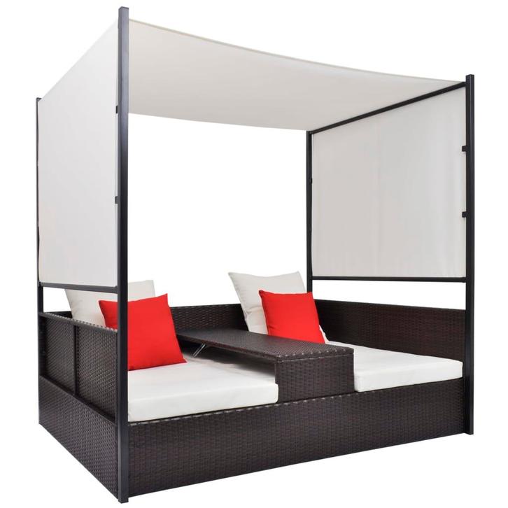 vidaXL Tuinbed met luifel 190x130 cm poly rattan bruin, Tuin en Terras, Ligbedden, Nieuw, Verzenden