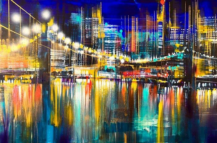 Prettau - (H) bridge’s neon hues, Antiek en Kunst, Kunst | Schilderijen | Modern