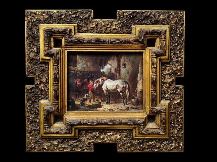 École européenne (XX) - Intérieur d’écurie avec chevaux,, Antiek en Kunst, Kunst | Schilderijen | Klassiek