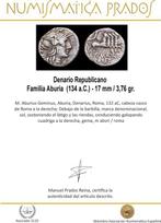 Romeinse Republiek. C. Aburius Geminus, 134 BC. Denarius, Postzegels en Munten