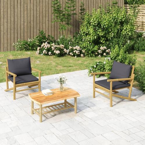 vidaXL 3-delige Loungeset met kussens bamboe donkergrijs, Tuin en Terras, Tuinsets en Loungesets, Loungeset, Nieuw, Verzenden