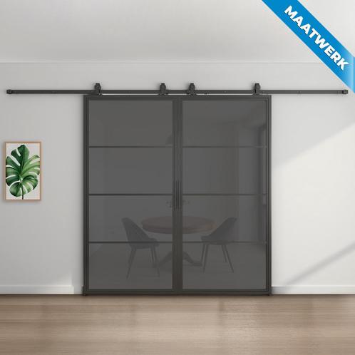 Dubbele stalen Schuifdeuren - 4 Vlaks - Maatwerk - Rook glas, Doe-het-zelf en Bouw, Raamkozijnen en Schuifdeuren, Nieuw, Inclusief glas