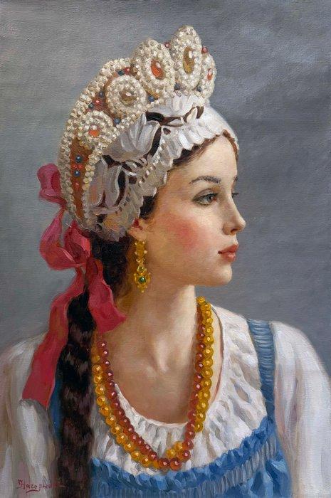 Vladislav Nagornov (1974-) - Jeune Femme au Collier dAmbre, Antiek en Kunst, Kunst | Schilderijen | Klassiek