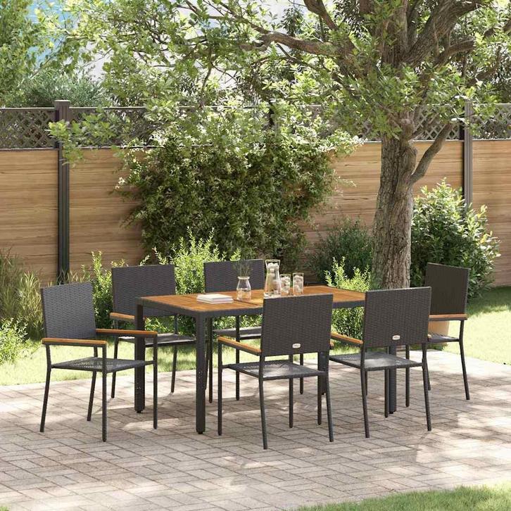 vidaXL Tuin Eettafel Set 7 pcs Zwart poly rattan, Tuin en Terras, Tuinstoelen, Nieuw, Verzenden