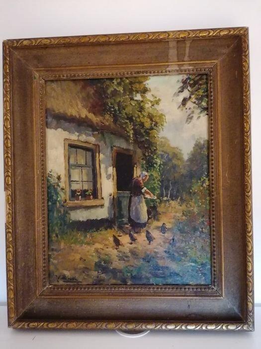 Alberic Victor Duyver (1859-1939) - Fermière et ses poules, Antiek en Kunst, Kunst | Schilderijen | Klassiek
