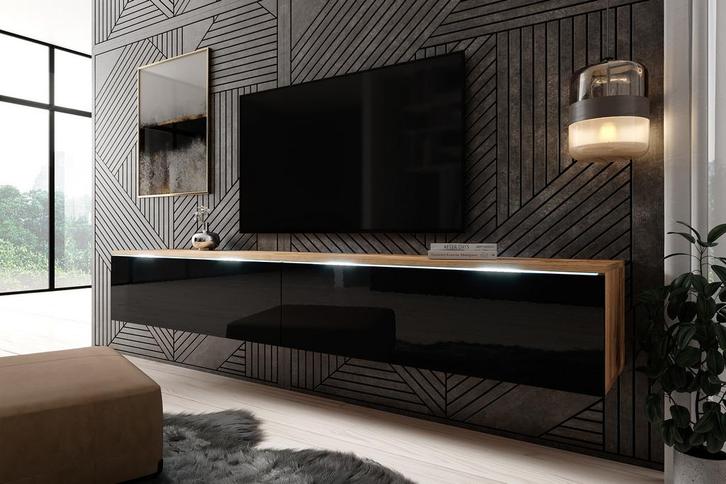 TV-Meubel zwart - Eiken 180 cm - TV kast, Huis en Inrichting, Kasten |Televisiemeubels, 25 tot 50 cm, Nieuw, 150 tot 200 cm, Overige materialen