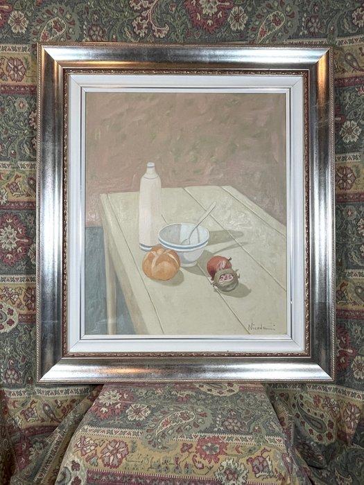 Rolando Nicodemi (1922-2014) - Bottiglia con tazza e pane, Antiek en Kunst, Kunst | Schilderijen | Modern