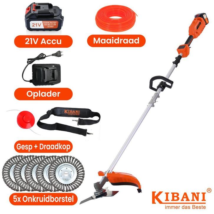 Kibani Accu Bosmaaier – Kanten Maaier Met 5x Onkruidborstels, Tuin en Terras, Bosmaaiers, Nieuw, Accu