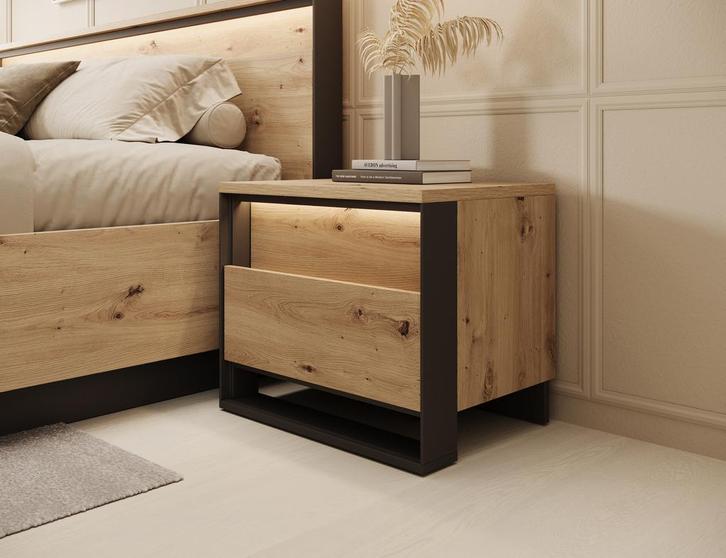 Meubella Nachtkastje eiken met zwart 55cm 2 lades met LED, Huis en Inrichting, Kasten | Overige, Nieuw, Verzenden