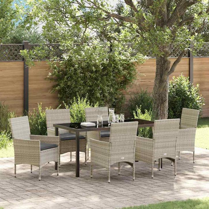 vidaXL Tuin Eettafel Set met kussen 7 pcs Lichtgrijs Poly, Tuin en Terras, Tuinsets en Loungesets, Nieuw, Verzenden