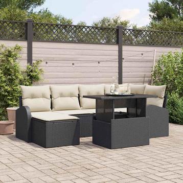vidaXL Tuinbank Set 7 pcs Zwart en crème Poly riet,, Verzenden