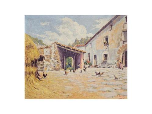J. Pelegri (XX) - Farmhouse patio with chickens, Antiek en Kunst, Kunst | Schilderijen | Klassiek