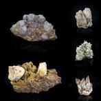 5 minerale exemplaren - fluoriet, vulkanisch glas, calciet