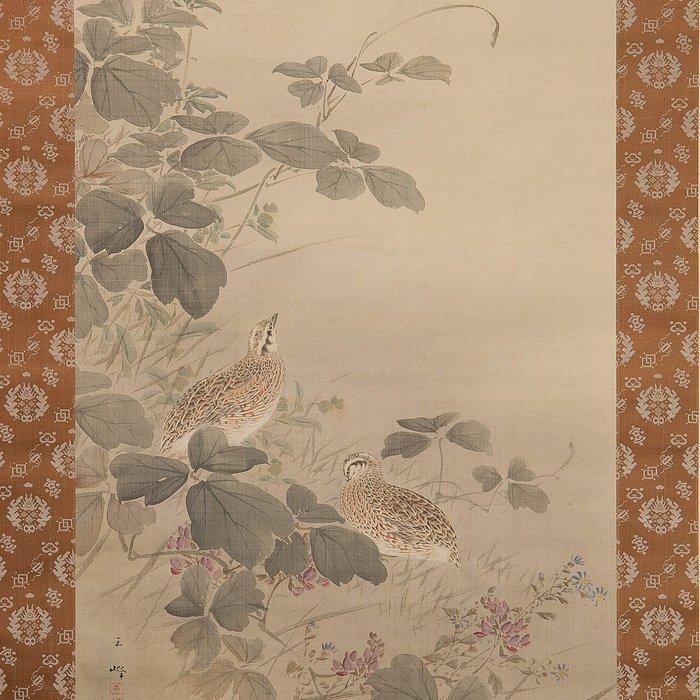 Très belle peinture sumi-e « Cailles dans lherbe dété sous, Antiquités & Art, Antiquités | Autres Antiquités